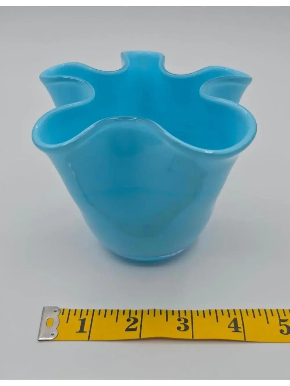 Vintage Fenton Turquoise Blue Opaque Crimped Rim Vase Hand Blown Art Glass 4”